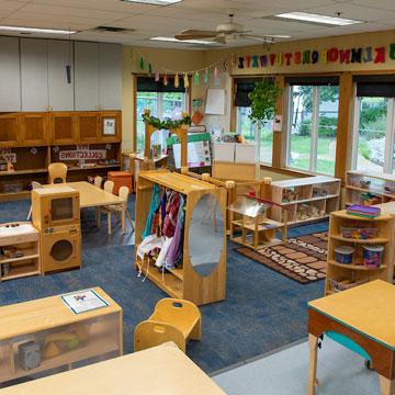 Young Preschool Classroom, showing different learning areas including dramatic play, art, and 块. 